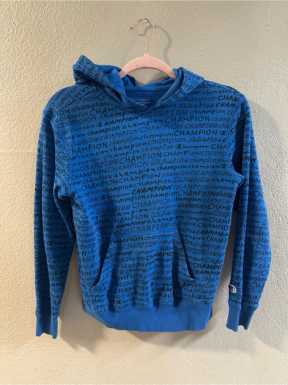 Youth Champion All Over Script Logo Hoodie Blue & Black Size Medium